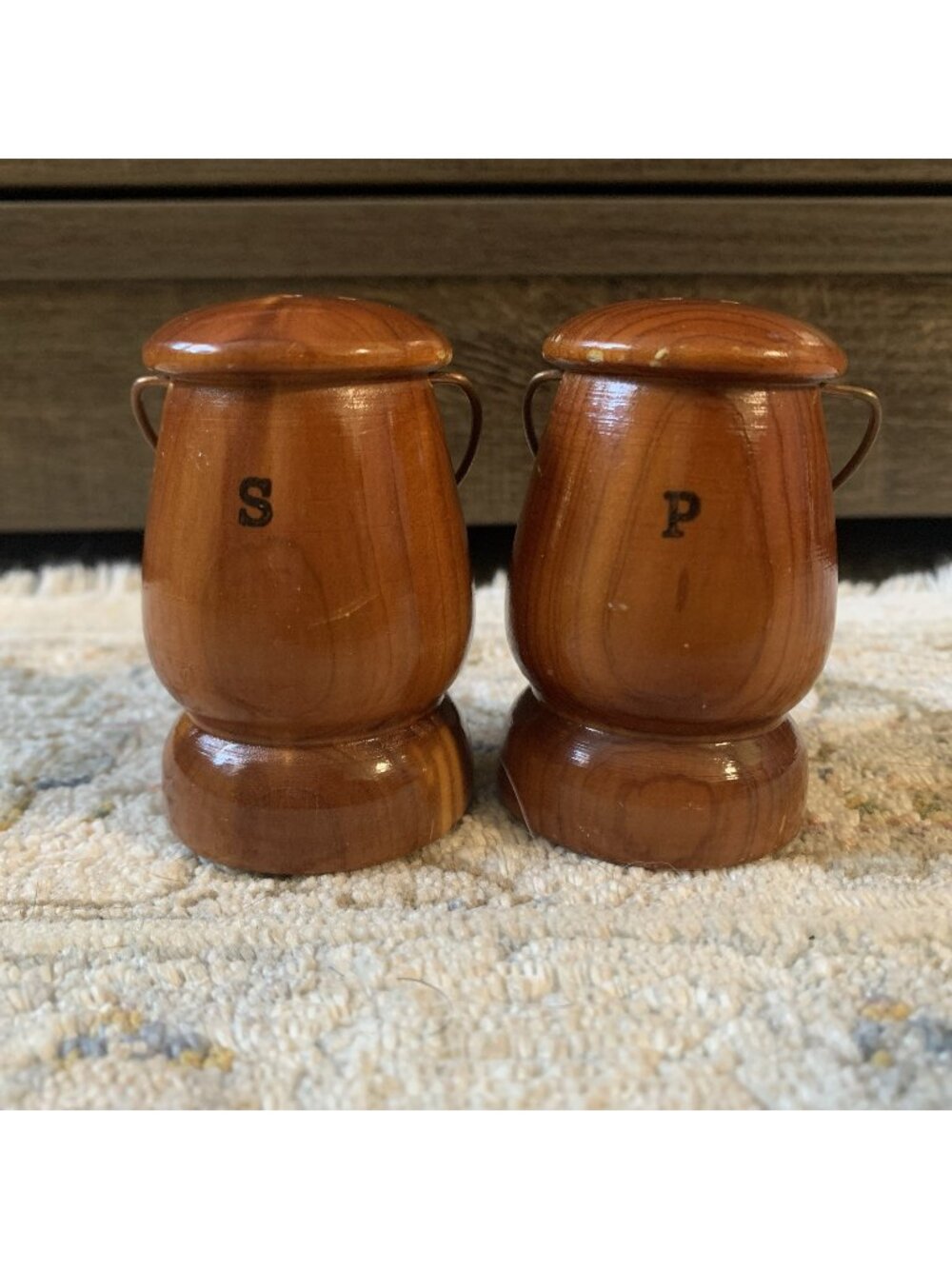 Vintage Wooden Pail Bucket Salt & Pepper Shakers Metal Handles 2.4" Pair